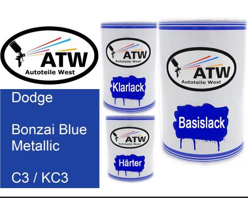 Dodge, Bonzai Blue Metallic, C3 / KC3: 500ml Lackdose + 500ml Klarlack + 250ml Härter - Set, von ATW Autoteile West.